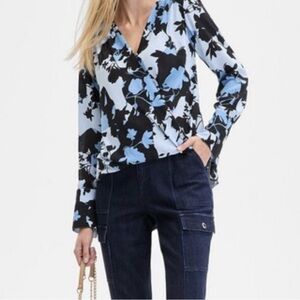 INC Floral Wrap Blouse in Black and Blue
